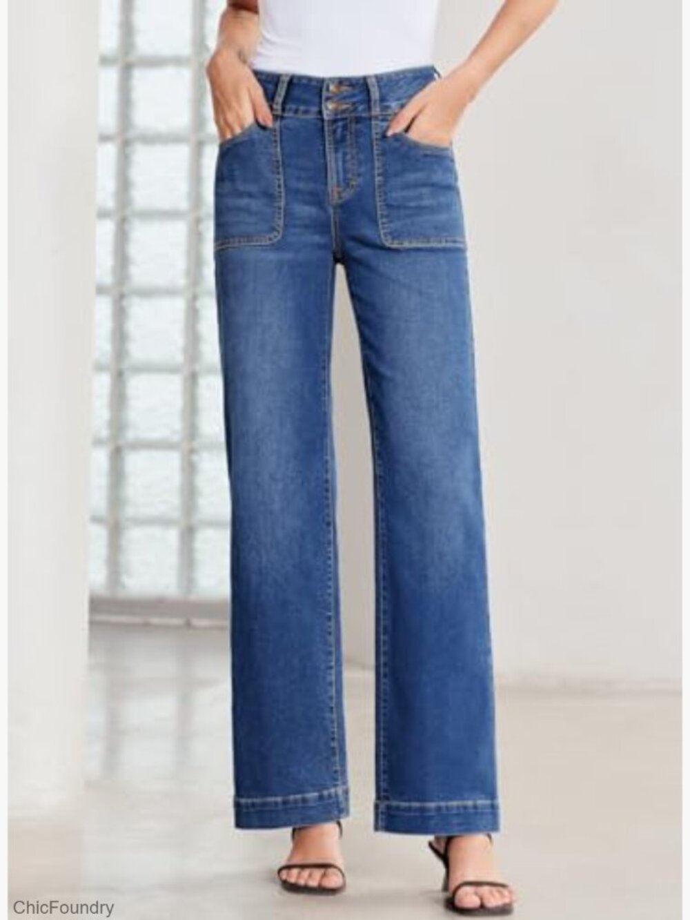 High Waisted Wide Leg Stretchy Tummy Control Straight Denim Pants - Picture 4 of 7